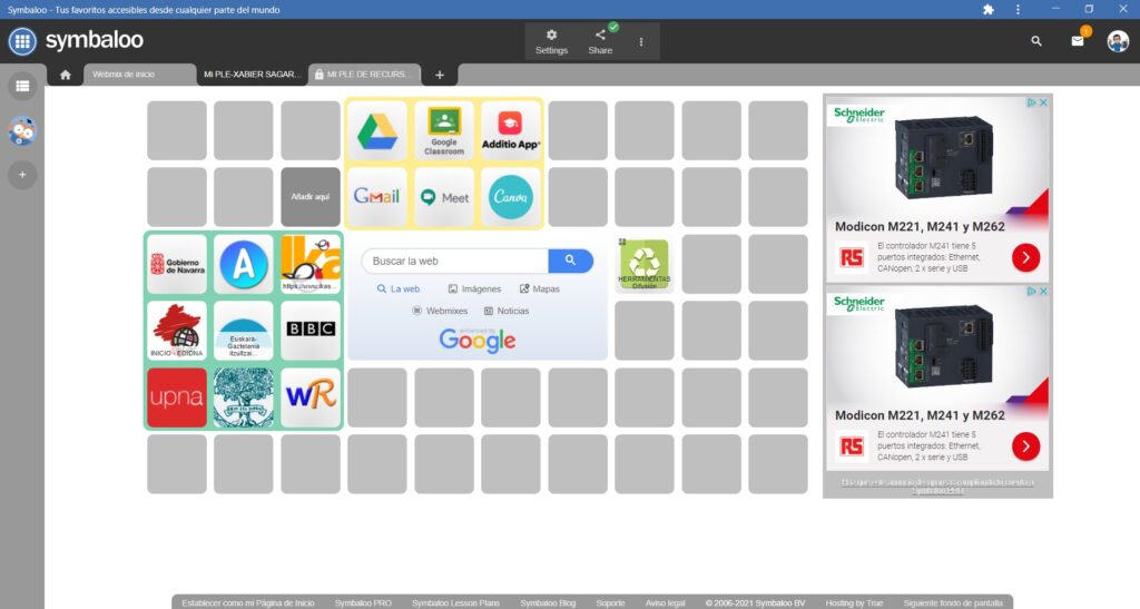 Imagen de mi PLE, que puede consultarse en: https://www.symbaloo.com/embed/mi-ple-xabier-sagarzazu